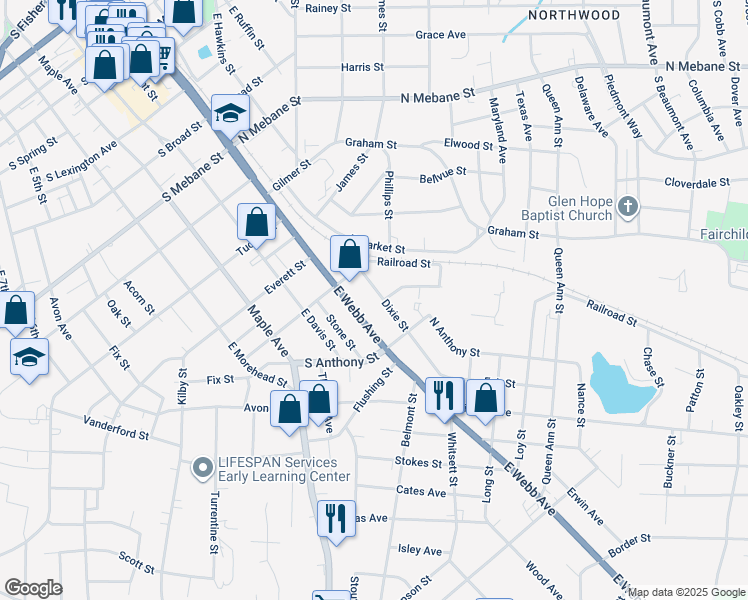 map of restaurants, bars, coffee shops, grocery stores, and more near 921 Dixie St in Burlington