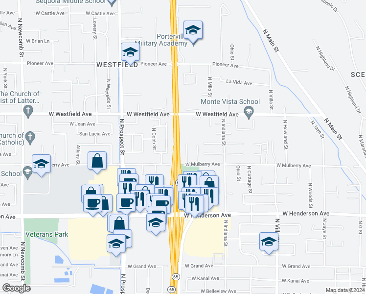 map of restaurants, bars, coffee shops, grocery stores, and more near 1071 Stonegate Cove Drive in Porterville