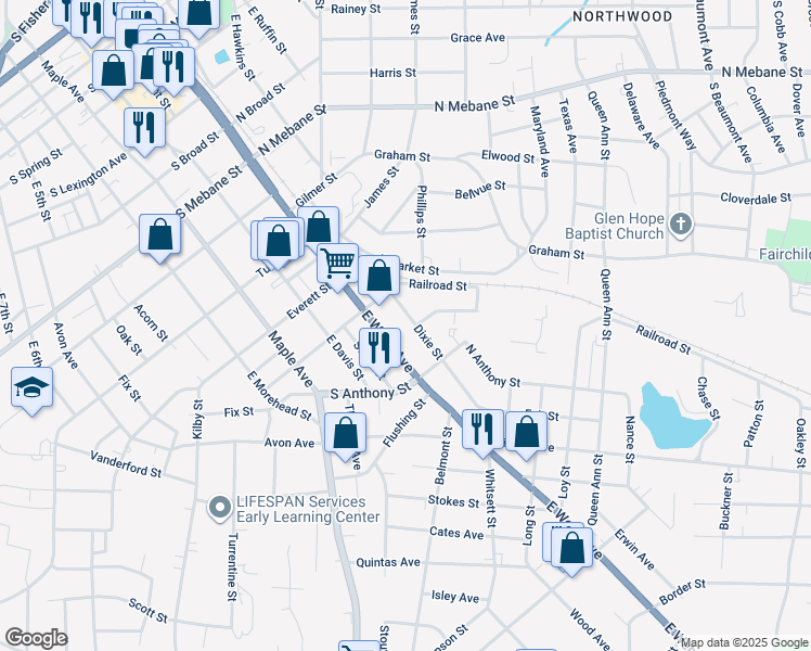 map of restaurants, bars, coffee shops, grocery stores, and more near 921 Dixie St in Burlington