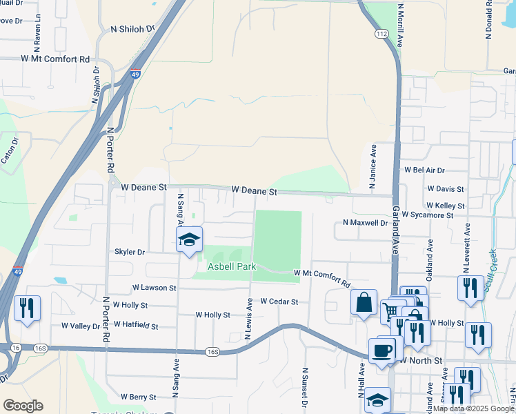 map of restaurants, bars, coffee shops, grocery stores, and more near 1704 North Lewis Avenue in Fayetteville