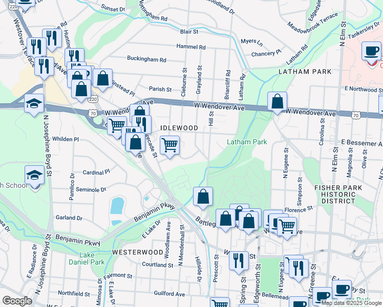 map of restaurants, bars, coffee shops, grocery stores, and more near 806 Idlewood Drive in Greensboro