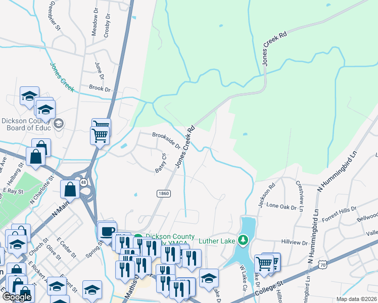 map of restaurants, bars, coffee shops, grocery stores, and more near 700 Jones Creek Road in Dickson