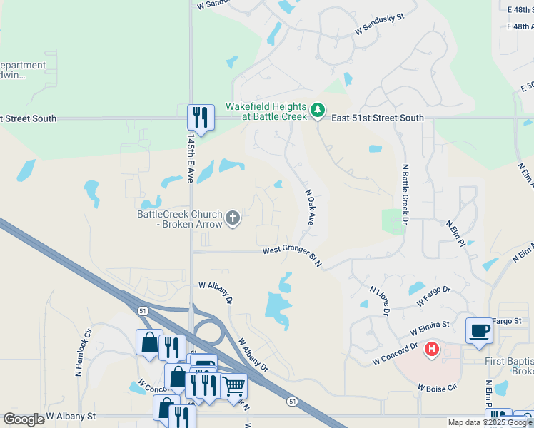 map of restaurants, bars, coffee shops, grocery stores, and more near 1800 West Granger Street in Broken Arrow