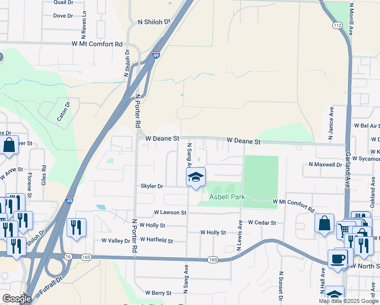 map of restaurants, bars, coffee shops, grocery stores, and more near 1726 North Sang Avenue in Fayetteville