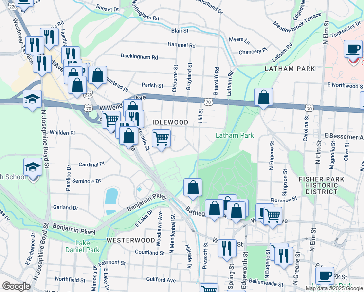map of restaurants, bars, coffee shops, grocery stores, and more near 806 Idlewood Drive in Greensboro