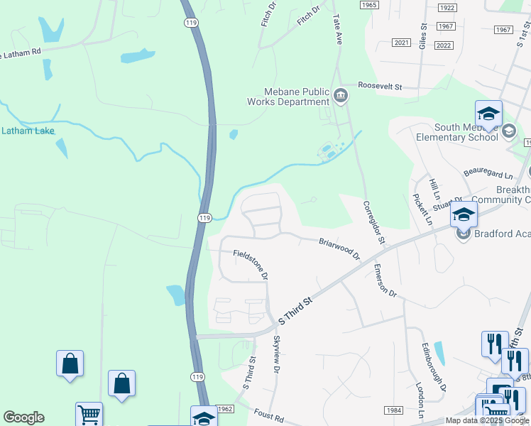 map of restaurants, bars, coffee shops, grocery stores, and more near 409 Tighfield Drive in Mebane