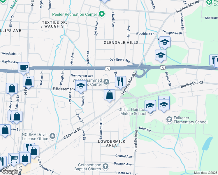 map of restaurants, bars, coffee shops, grocery stores, and more near 3101 East Bessemer Avenue in Greensboro