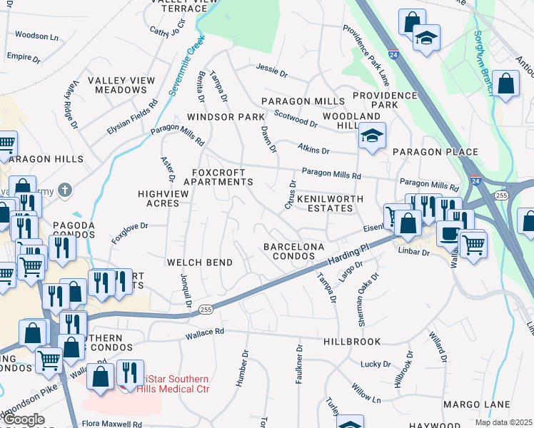 map of restaurants, bars, coffee shops, grocery stores, and more near 4900 Dolphin Drive in Nashville