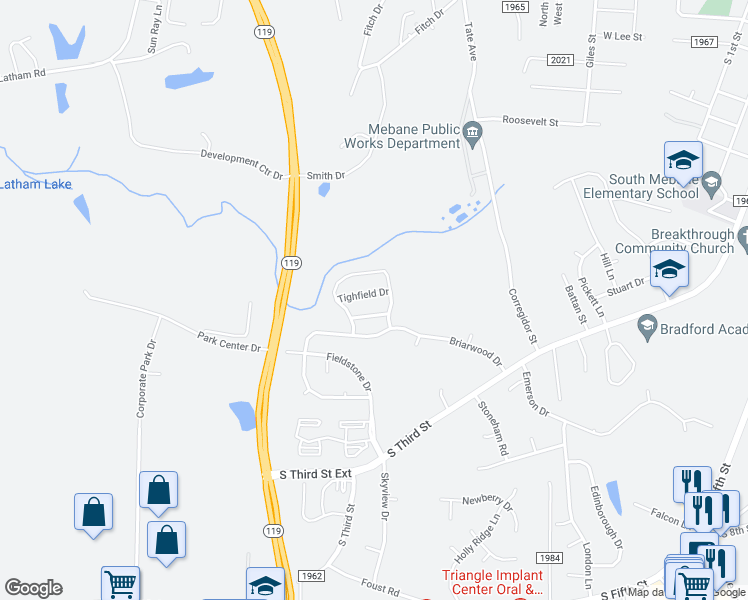 map of restaurants, bars, coffee shops, grocery stores, and more near 407 Tighfield Drive in Mebane