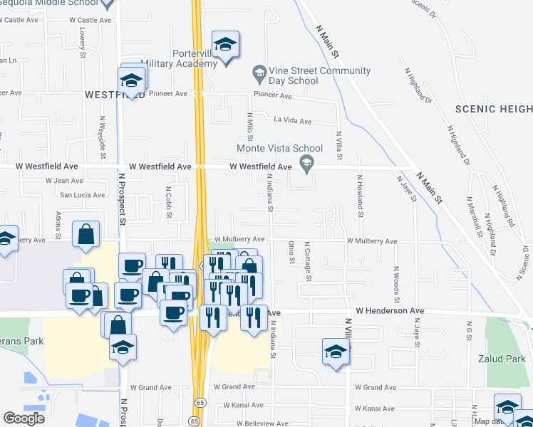 map of restaurants, bars, coffee shops, grocery stores, and more near 810 Gerry Lane in Porterville