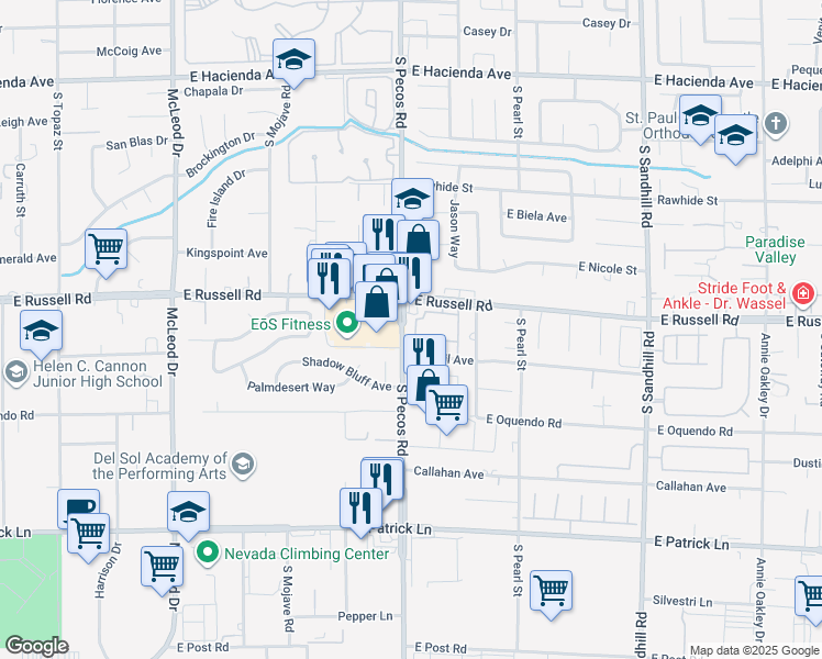 map of restaurants, bars, coffee shops, grocery stores, and more near 3425 East Russell Road in Las Vegas