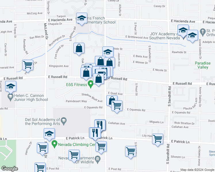 map of restaurants, bars, coffee shops, grocery stores, and more near 3425 East Russell Road in Las Vegas