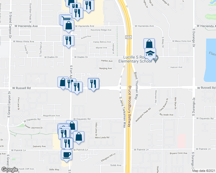 map of restaurants, bars, coffee shops, grocery stores, and more near 9242 West Russell Road in Las Vegas