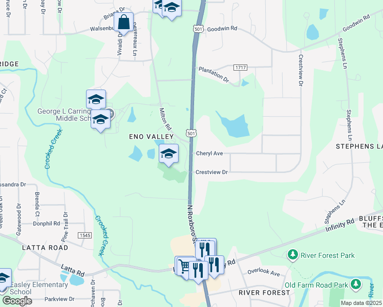 map of restaurants, bars, coffee shops, grocery stores, and more near 5412 North Roxboro Street in Durham