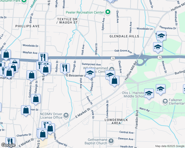 map of restaurants, bars, coffee shops, grocery stores, and more near 601 Joseph Terrace in Greensboro