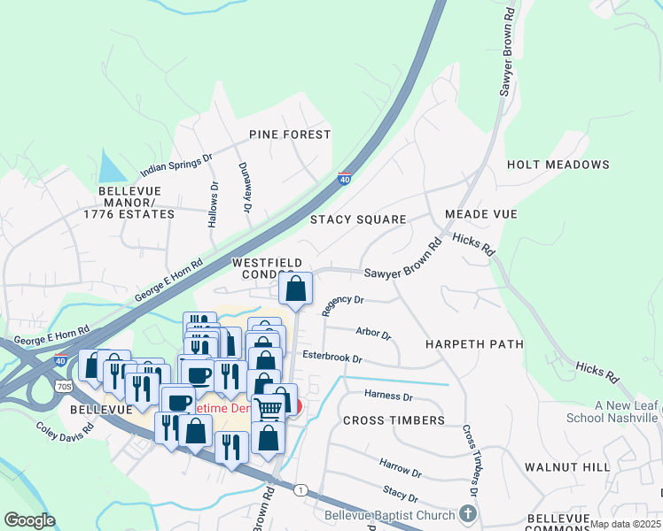 map of restaurants, bars, coffee shops, grocery stores, and more near 266 New Sawyer Brown Road in Nashville