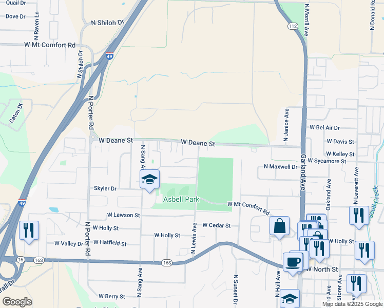 map of restaurants, bars, coffee shops, grocery stores, and more near 1813 West Deane Street in Fayetteville