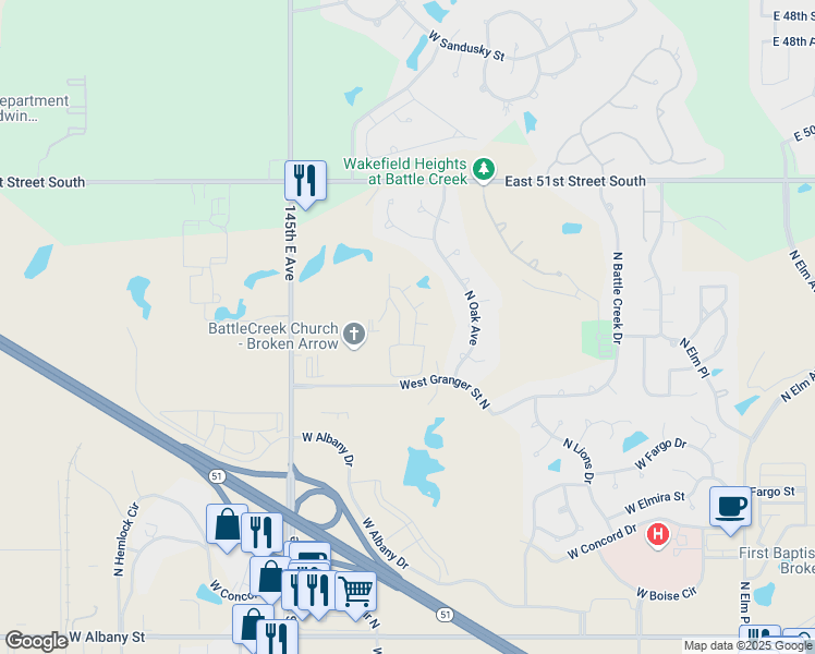 map of restaurants, bars, coffee shops, grocery stores, and more near 1800 West Granger Street in Broken Arrow