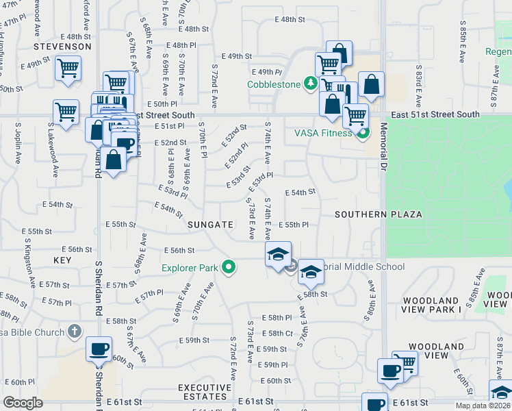 map of restaurants, bars, coffee shops, grocery stores, and more near 7164 East 53rd Place in Tulsa