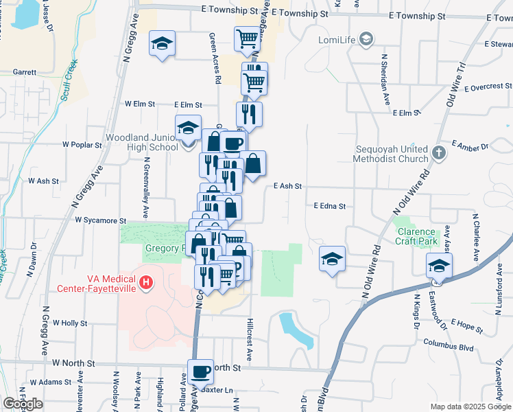 map of restaurants, bars, coffee shops, grocery stores, and more near 1741 N Walnut Ave in Fayetteville