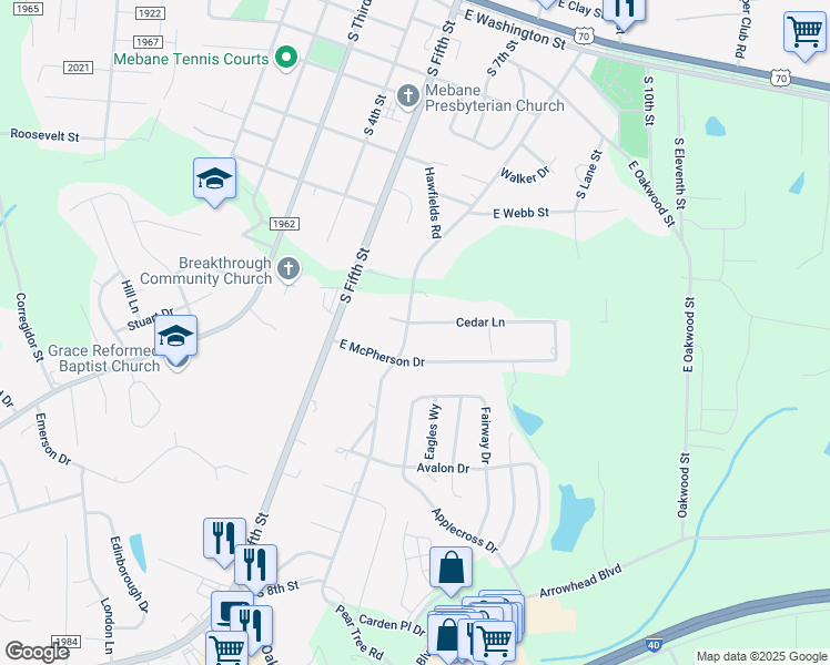 map of restaurants, bars, coffee shops, grocery stores, and more near 400 Cedar Lane in Mebane