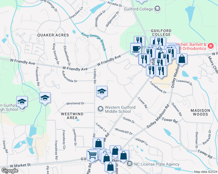 map of restaurants, bars, coffee shops, grocery stores, and more near 402 Boxwood Drive in Greensboro