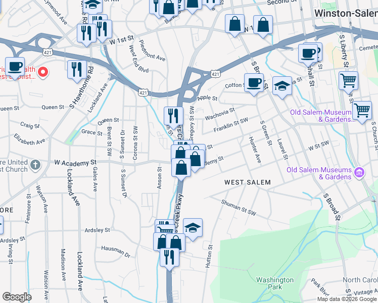 map of restaurants, bars, coffee shops, grocery stores, and more near in Winston-Salem