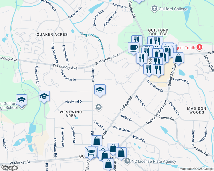 map of restaurants, bars, coffee shops, grocery stores, and more near 402 Boxwood Drive in Greensboro