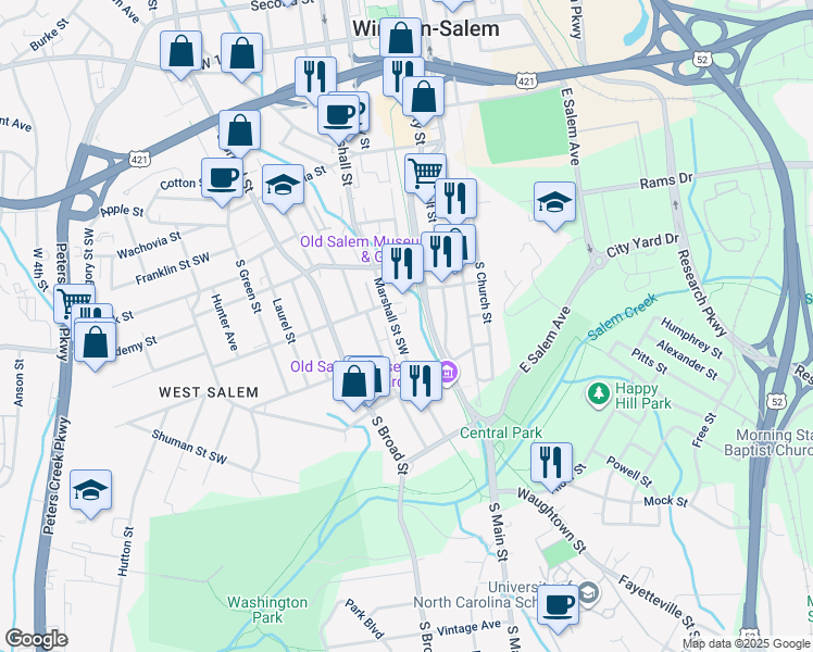 map of restaurants, bars, coffee shops, grocery stores, and more near 717 Marshall Street Southwest in Winston-Salem