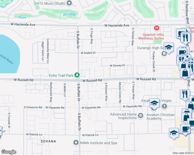 map of restaurants, bars, coffee shops, grocery stores, and more near 7665 Royal Halo Avenue in Las Vegas