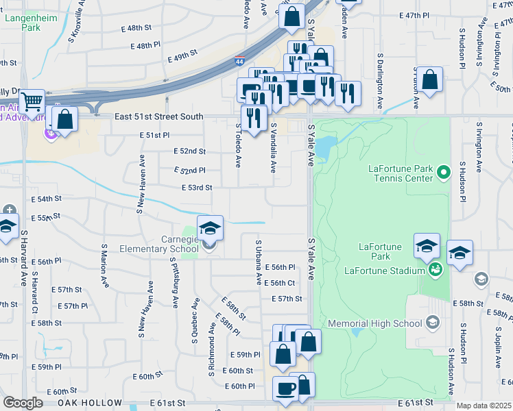 map of restaurants, bars, coffee shops, grocery stores, and more near 4700 East 54th Street in Tulsa