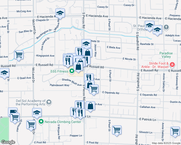 map of restaurants, bars, coffee shops, grocery stores, and more near 3425 East Russell Road in Las Vegas