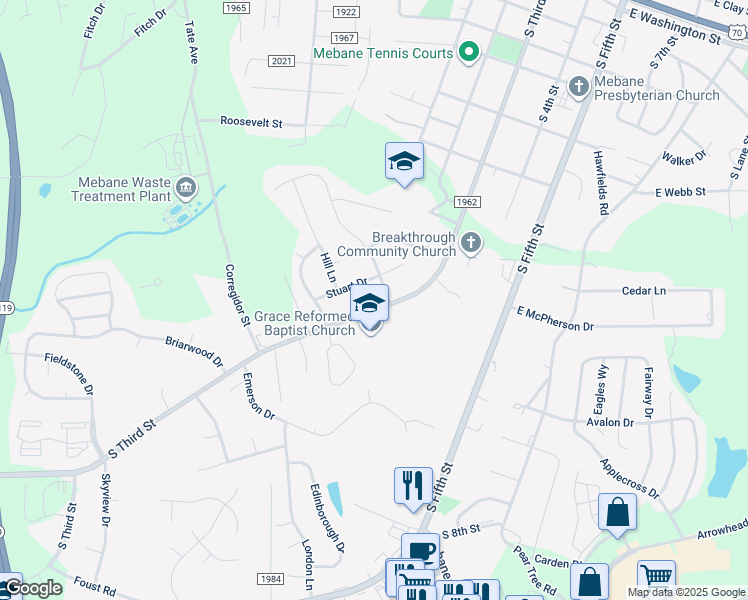 map of restaurants, bars, coffee shops, grocery stores, and more near 902 3rd Street in Mebane