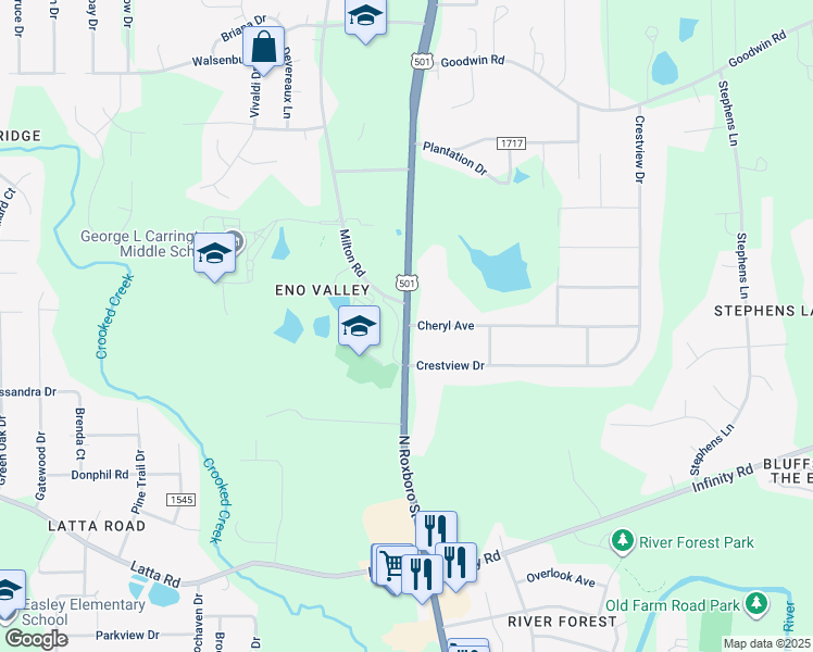 map of restaurants, bars, coffee shops, grocery stores, and more near North Roxboro Street in Durham