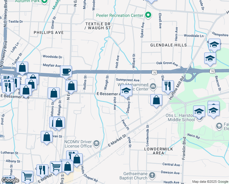 map of restaurants, bars, coffee shops, grocery stores, and more near 2801 East Bessemer Avenue in Greensboro