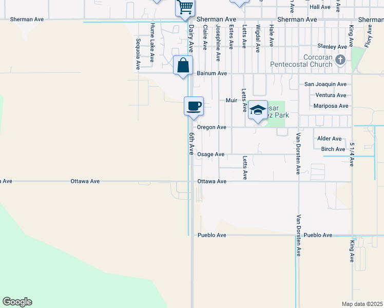 map of restaurants, bars, coffee shops, grocery stores, and more near 2100 6th Avenue in Corcoran