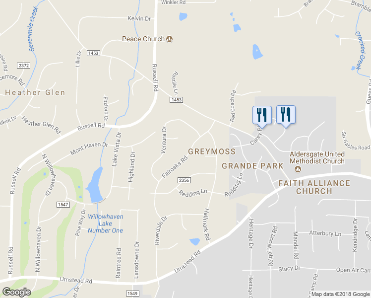 map of restaurants, bars, coffee shops, grocery stores, and more near 5411 Fairoaks Road in Durham