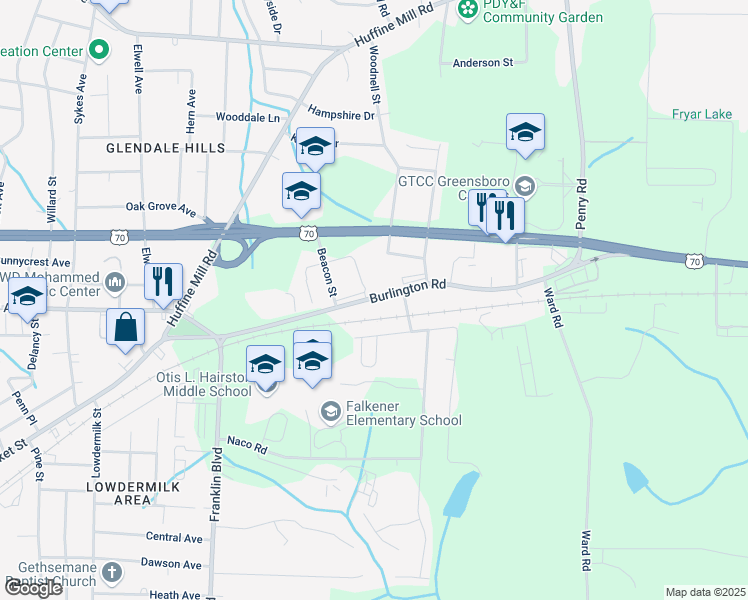 map of restaurants, bars, coffee shops, grocery stores, and more near 3408B Burlington Road in Greensboro