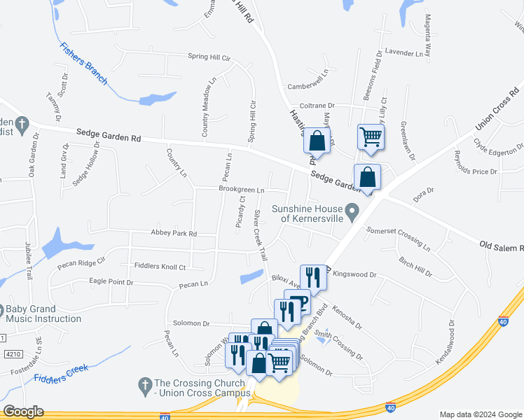 map of restaurants, bars, coffee shops, grocery stores, and more near 135 Drawbridge Court in Kernersville