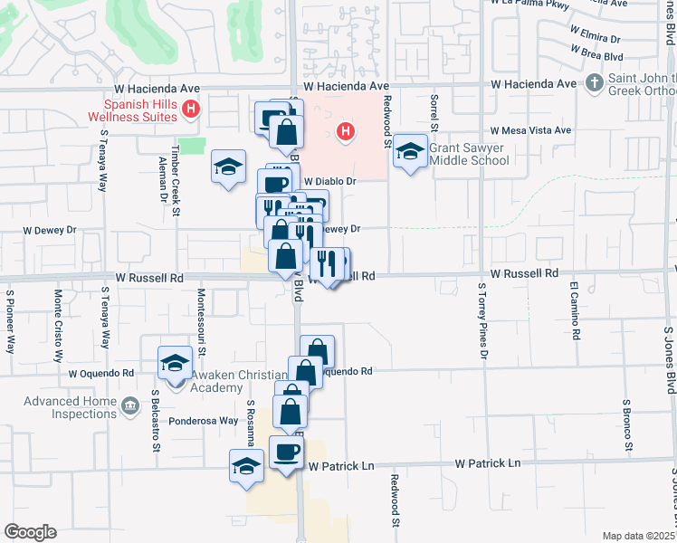map of restaurants, bars, coffee shops, grocery stores, and more near 6846 West Russell Road in Las Vegas