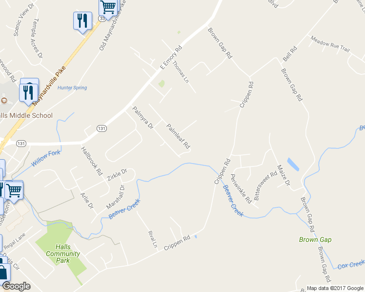 map of restaurants, bars, coffee shops, grocery stores, and more near 7321 Palmleaf Road in Knoxville