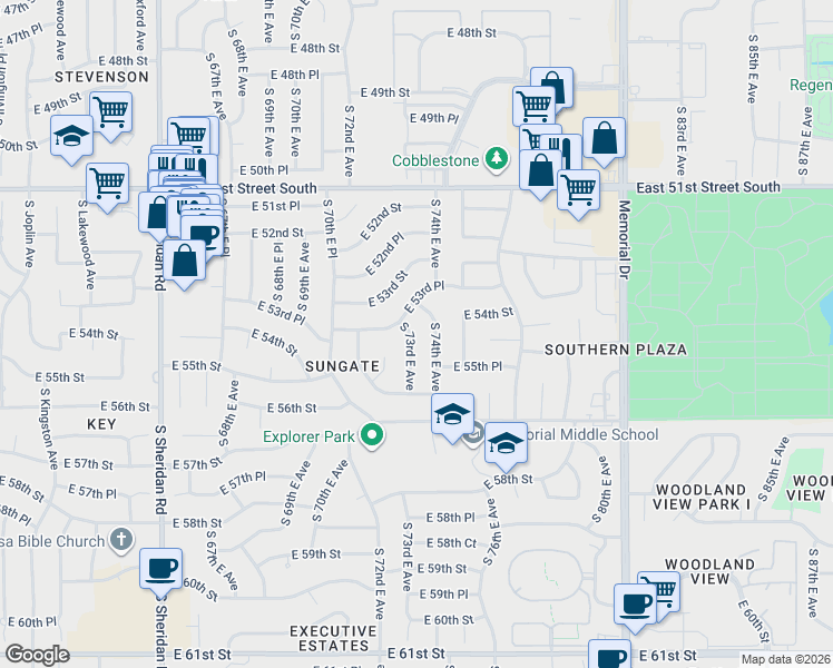 map of restaurants, bars, coffee shops, grocery stores, and more near 7164 East 53rd Place in Tulsa