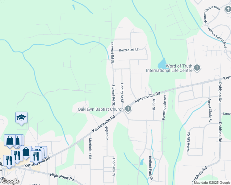 map of restaurants, bars, coffee shops, grocery stores, and more near 211 Stewart Road Southeast in Winston-Salem