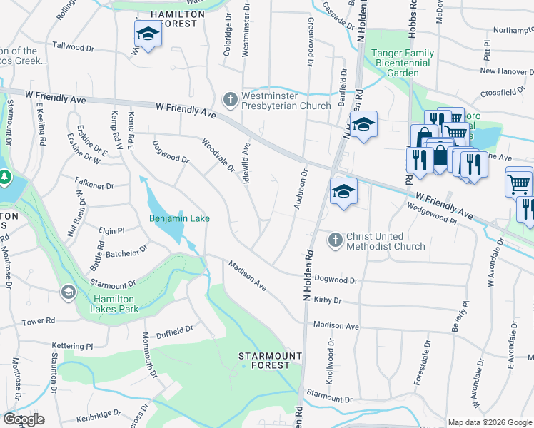 map of restaurants, bars, coffee shops, grocery stores, and more near 507 Hillwood Court in Greensboro