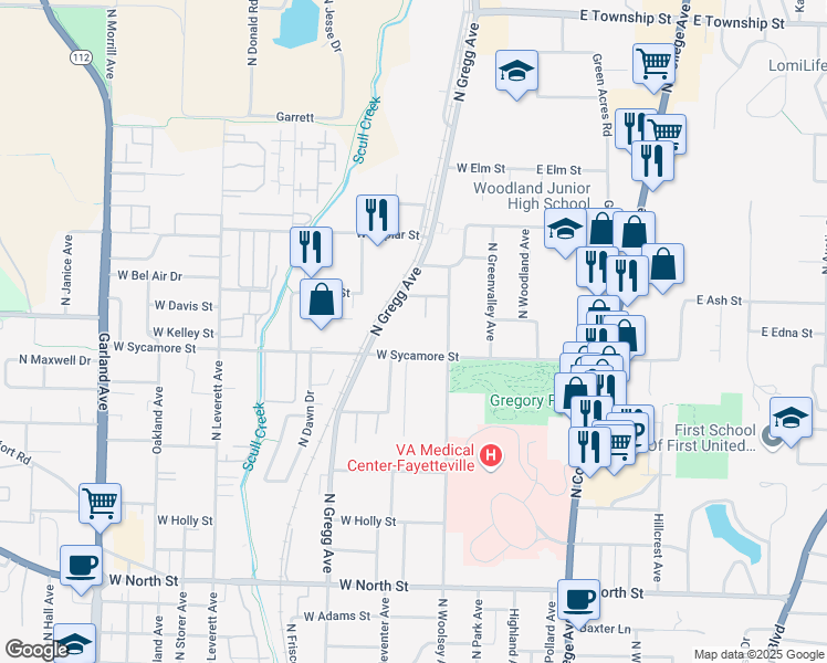 map of restaurants, bars, coffee shops, grocery stores, and more near 233 West Ash Street in Fayetteville