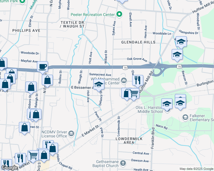 map of restaurants, bars, coffee shops, grocery stores, and more near 2905 East Bessemer Avenue in Greensboro