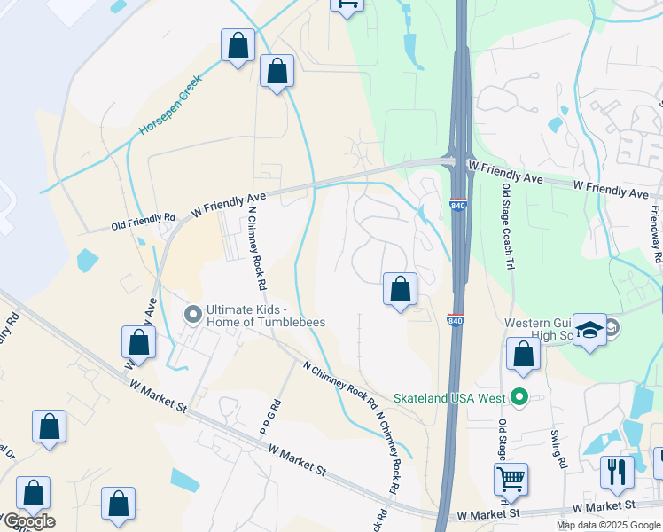 map of restaurants, bars, coffee shops, grocery stores, and more near 7147 West Friendly Avenue in Greensboro