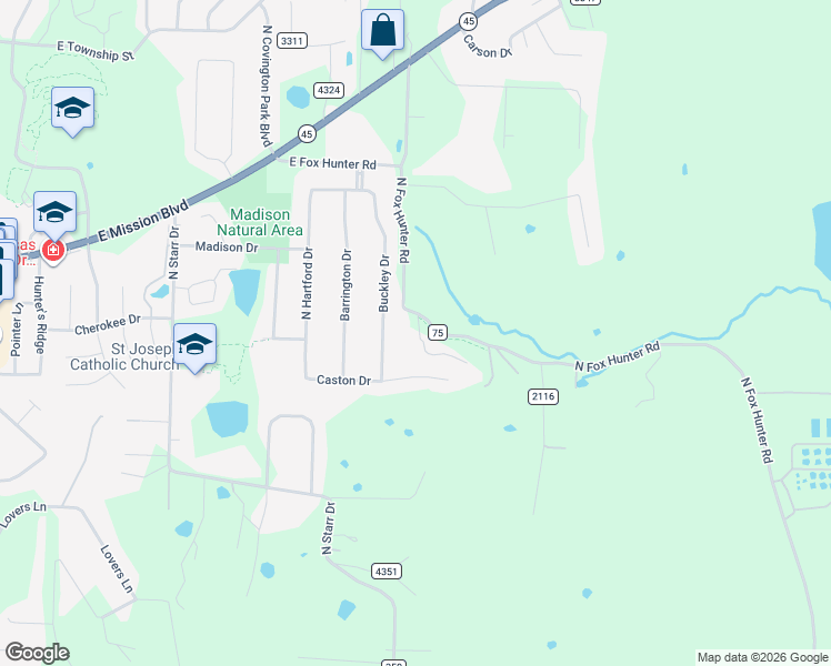 map of restaurants, bars, coffee shops, grocery stores, and more near 1805 North Fox Hunter Road in Fayetteville
