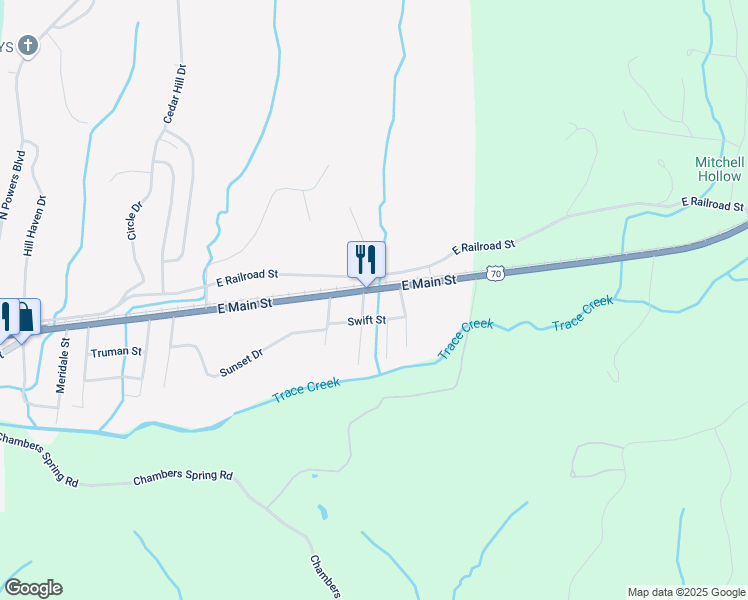 map of restaurants, bars, coffee shops, grocery stores, and more near 1214 East Main Street in Waverly