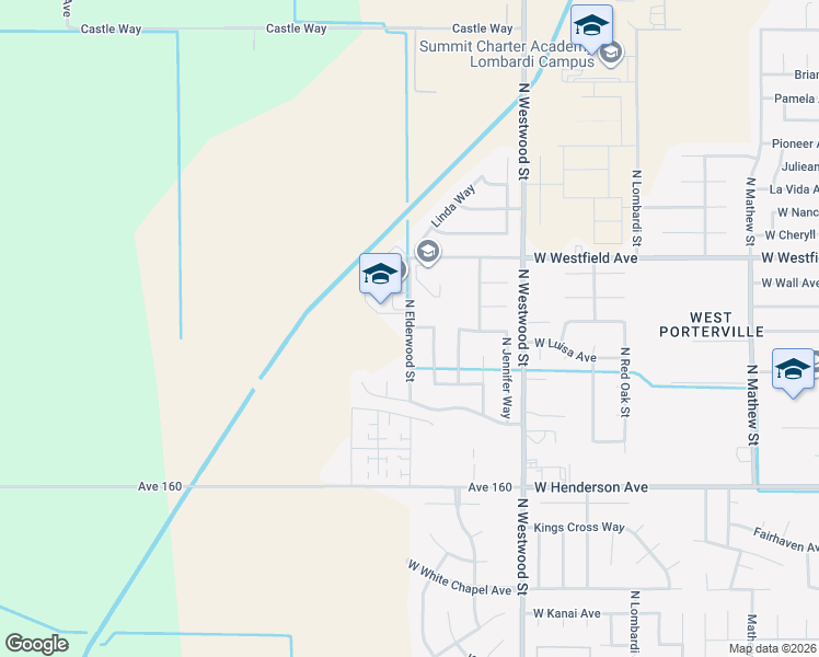 map of restaurants, bars, coffee shops, grocery stores, and more near 1155 North Elderwood Street in Porterville